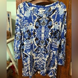 Chico's Top Women L Multi-Print Cotton Blend 3/4 Sleeve Round Neckline Casual